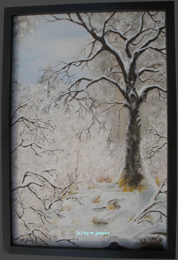 Gemälde gerahmt Acryl - Baum Hasen Schnee